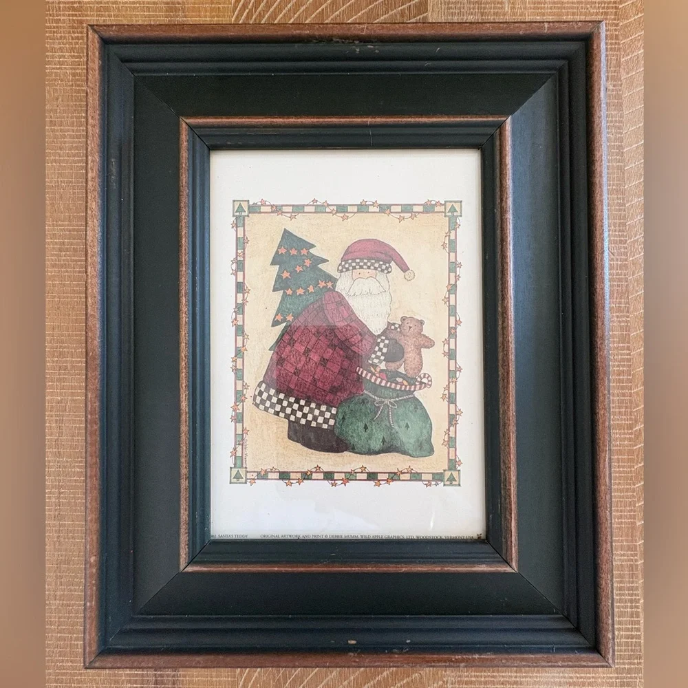 Vtg Folk Art Santa Claus Prints by Debbie Mumm 1990's Dark Green Wood Frame (2)